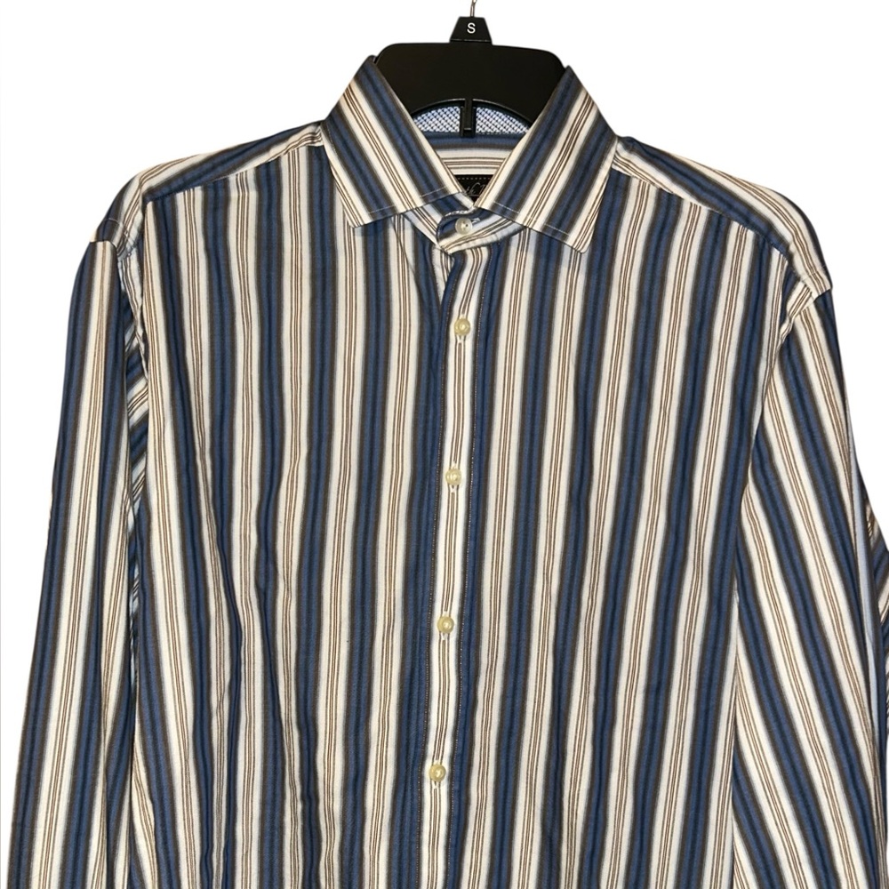 Kenneth Roberts Platinum Striped Dress Shirt‎ Cotton Flip Cuff Blue Mens Medium